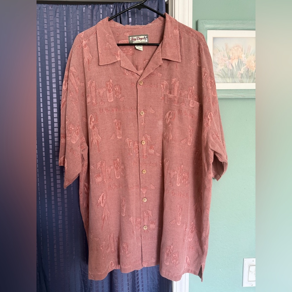 Big Dogs 100% Silk Heavy Hawaiian Camp Shirt 3X Coral Short Sleeve Button Up